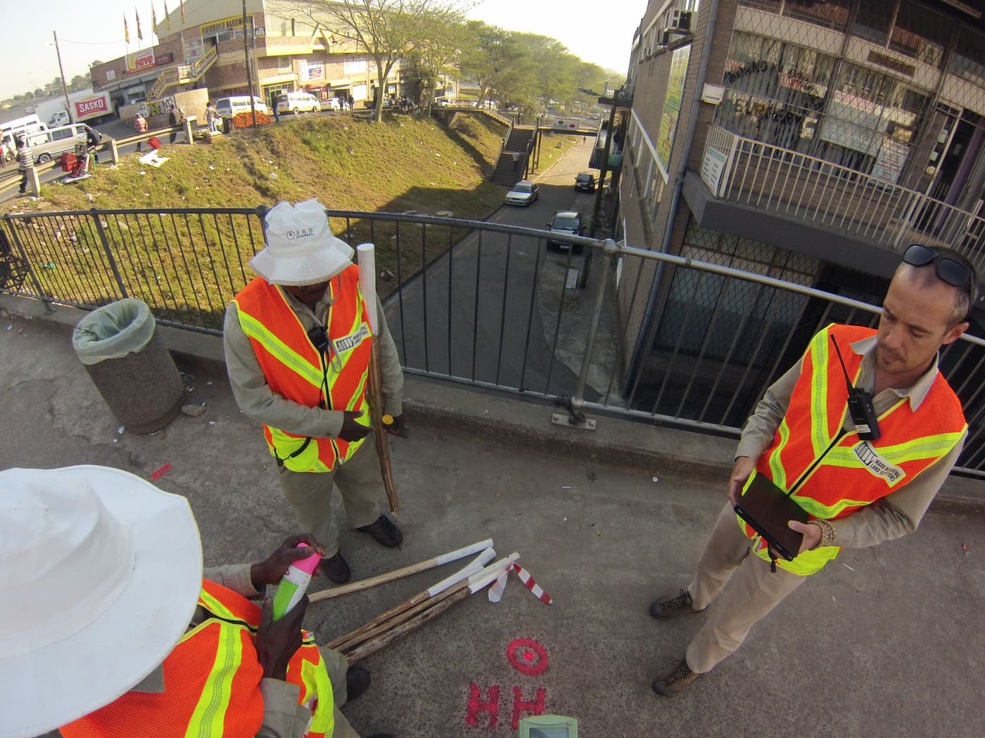 Monitoring survey equipment set up at a construction site